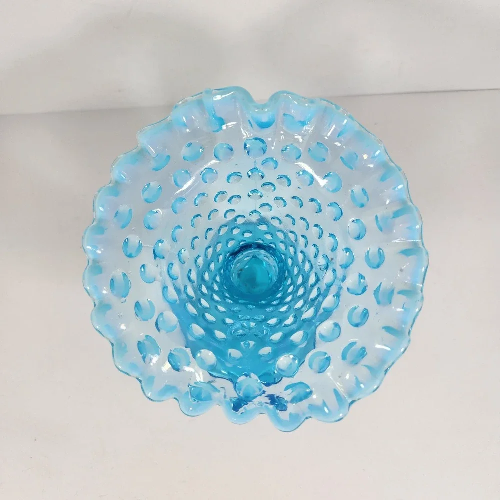 Fenton Blue Opalescent Hobnail Cornucopia Candle Holder Ruffled Rim Vase